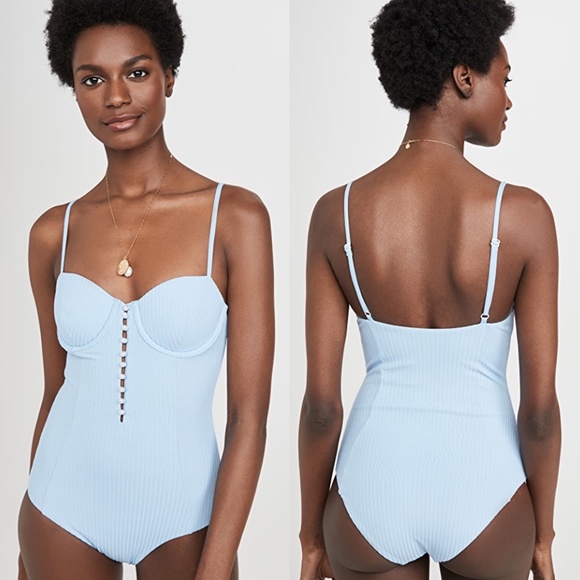 NEW ONIA Andrea BABY BLUE Ribbed FAUX PEARL One Piece SWIMSUIT XL - Picture 3 of 15